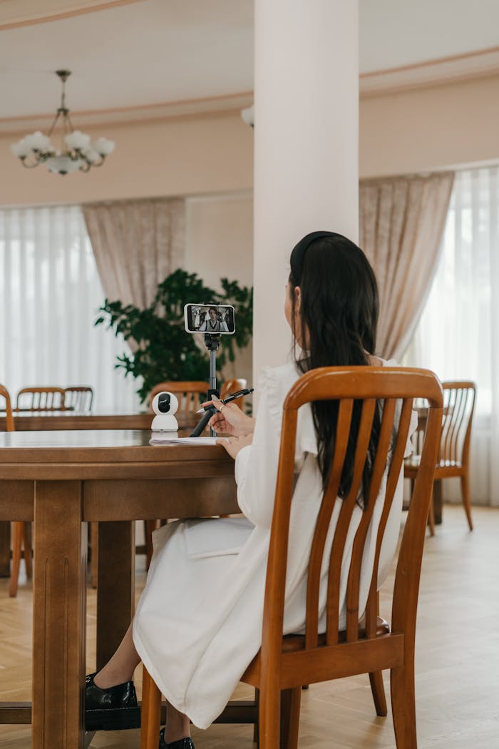 A woman engaged in a video call at home using a smartphone and tripod in a cozy, indoor setting.